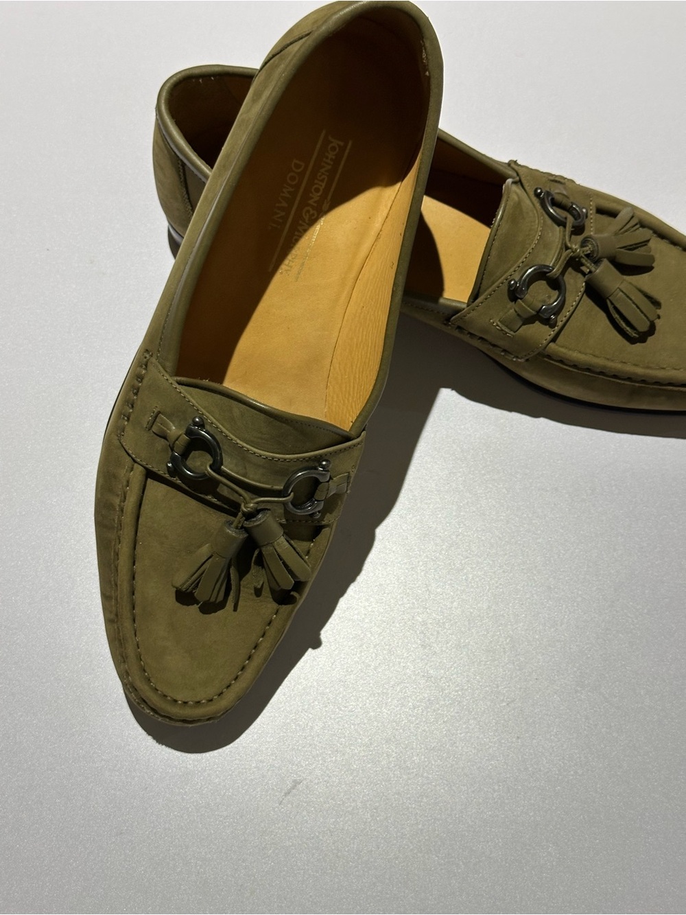 Johnston & Murphy Taupe Suede Tassel Loafers with Metal Bit